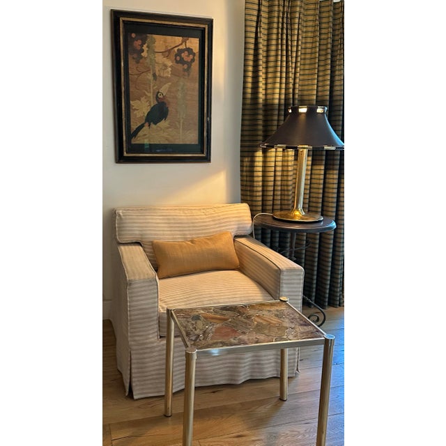 Grand Tour-Style Marble Pattern in Resin Top Drink or Side Table with Mid-Century nickel-plated tubular legs. A chic...
