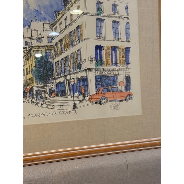Illustration Large 24” X 30” Professionally Framed Paris Street Scene Drawing - Signed For Sale - Image 3 of 3