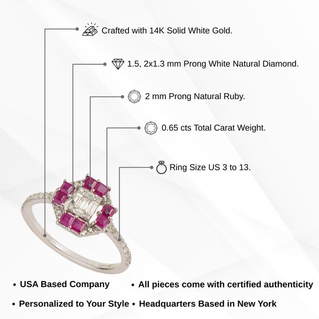 14k White Gold Ruby & Emerald-Cut Diamond Art Deco Cluster Ring Size 9 For Sale - Image 11 of 15