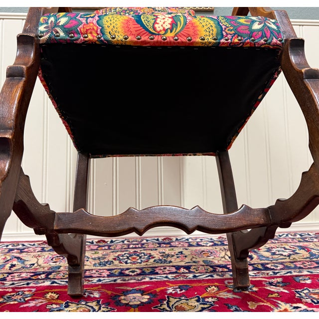 Antique Pair of Catalan Style Carved Oak Recently Upholstered Armchairs C. 1920s For Sale - Image 17 of 18