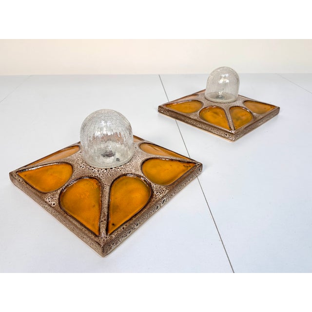 Modernist Square Ceramic Wall or Ceiling Lamps with Textured Glass Domes, West Germany, 1960s, Set of 2 For Sale - Image 11 of 18