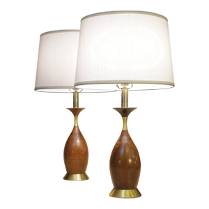 Matched Pair Westwood Atomic Modern Walnut Brass "Extreme Bowling Pin" Table Lamps 1950's