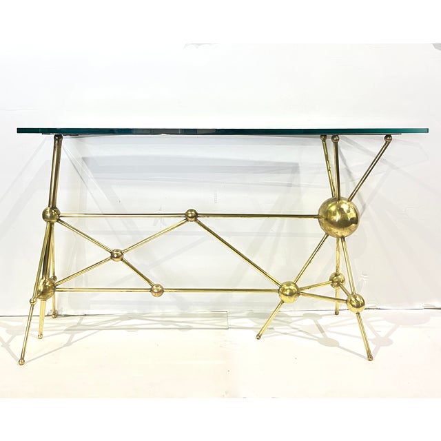 Italian Modern Atomic Planet Design Slim Asymmetrical Brass Sphere Console Table For Sale - Image 9 of 18