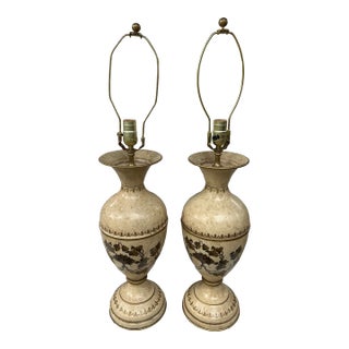 Vintage Italian Painted Tole Metal Urn Shaped Neoclassic Lute Horn Grape Leaves Table Lamps - a Pair For Sale