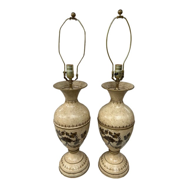 Vintage Italian Painted Tole Metal Urn Shaped Neoclassic Lute Horn Grape Leaves Table Lamps - a Pair For Sale