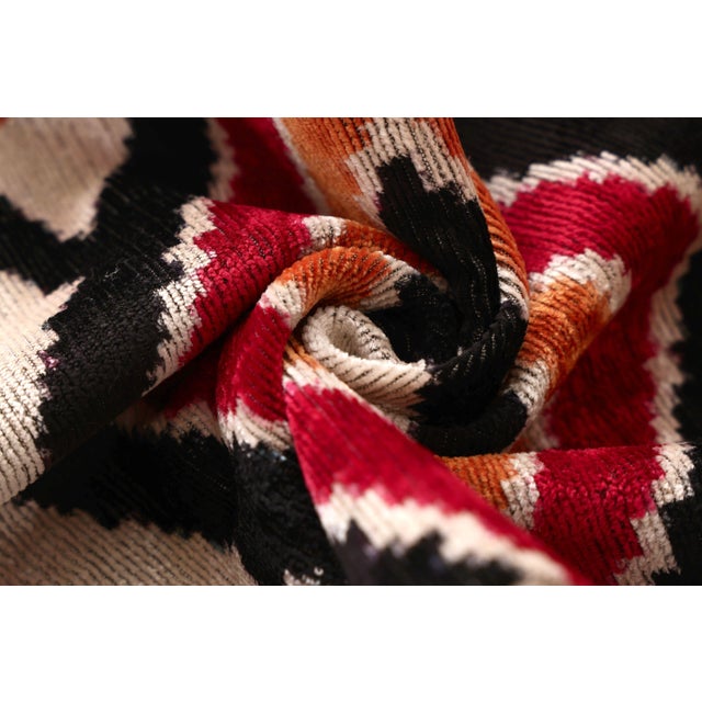 Hand-Knotted Tribal Geometric Silk Velvet Lumbar - 16x24 Red & Black For Sale - Image 4 of 8