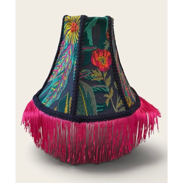 2020s Handcrafted Covington Abelia Garden Embroidered Designer Lamp Shade With Rayon Pink Fringe For Sale - Image 5 of 7
