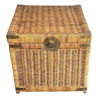 1970s Chinoiserie Wicker Hinge-Top Trunk/Chest W/ Brass Accents For Sale