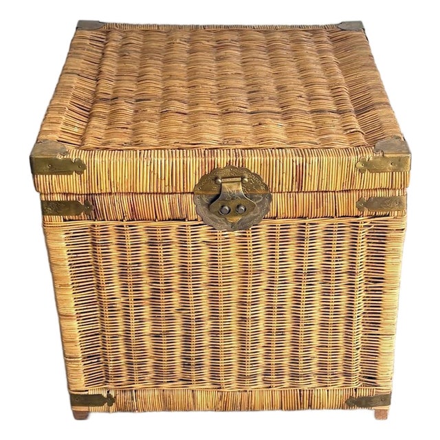 1970s Chinoiserie Wicker Hinge-Top Trunk/Chest W/ Brass Accents For Sale