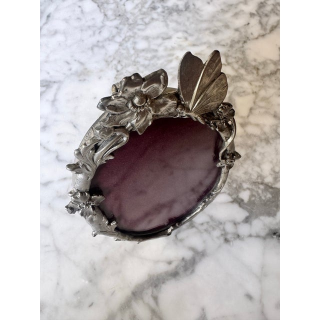 Metal Vintage Elias Art Nouveau Fine Pewter Oval Floral Butterfly Easel Photo Frame For Sale - Image 7 of 12