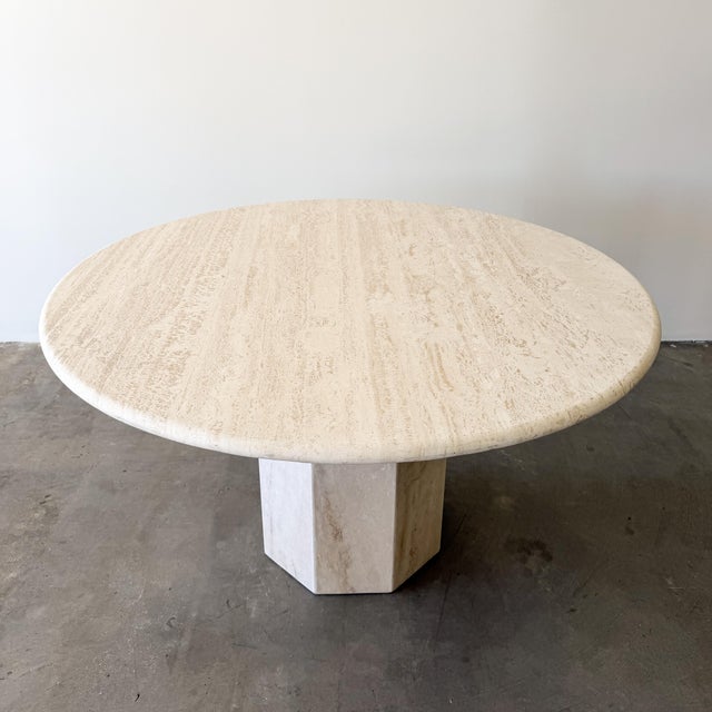Stone Vintage 1980s Round Travertine Dining Table With Hexagonal Pedestal Base For Sale - Image 7 of 10
