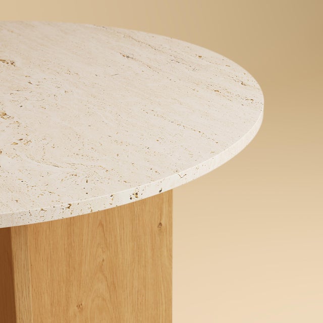 Contemporary Round Dining Table in Roman Travertine and Oak by Lebanto For Sale - Image 3 of 4