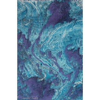 Abstracted Shades of Blue Oil on Paper Marble Painting For Sale