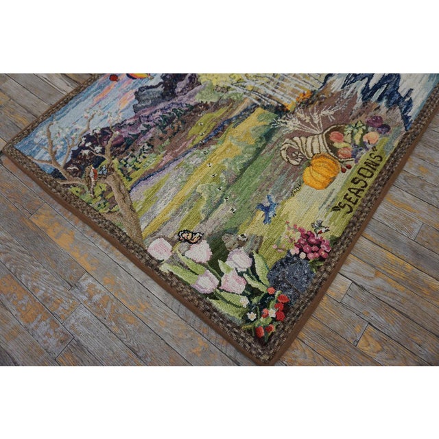 1940s Multicolor Scenic Winter Folk Art American Hooked Rug 3'2" X 3'10" Handknotted Wool Carpet For Sale - Image 9 of 10