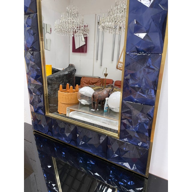 Contemporary Brass & Blue Murano Glass Wall Mirror For Sale - Image 9 of 11