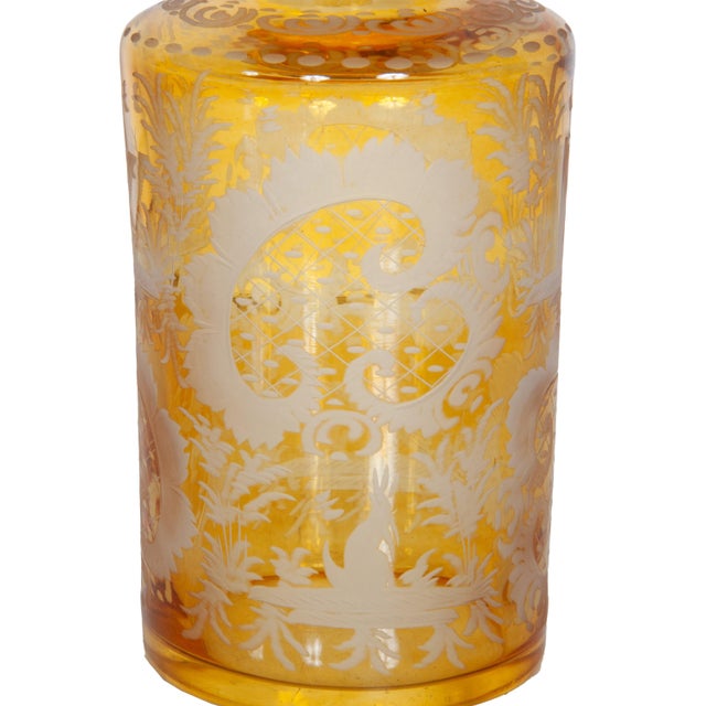 Antique Pair 19th Century Etched Bohemian Amber Glass Wine Liquor Decanters 1880 For Sale - Image 14 of 15