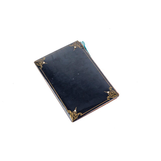 Black Antique Late 19th Century English Victorian Papier Mache Black Lacquer With Gold and Pearl Book Desk Blotter For Sale - Image 8 of 9