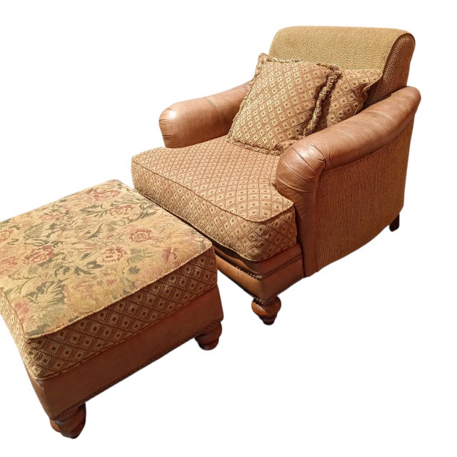 Old Hickory Furniture Company American-Made Luxury Ricardo Leather/Fabric Chair and Ottoman Set by King Hickory. For Sale - Image 4 of 12