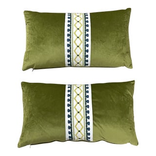 Pair of Green Velvet Pillows With Center Trim Tape For Sale