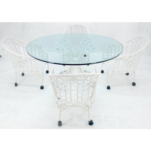 Cast Aluminum Faux Bamboo 4 Arm Chairs 60" 3/4" Glass Top Dining Table Set For Sale - Image 11 of 12