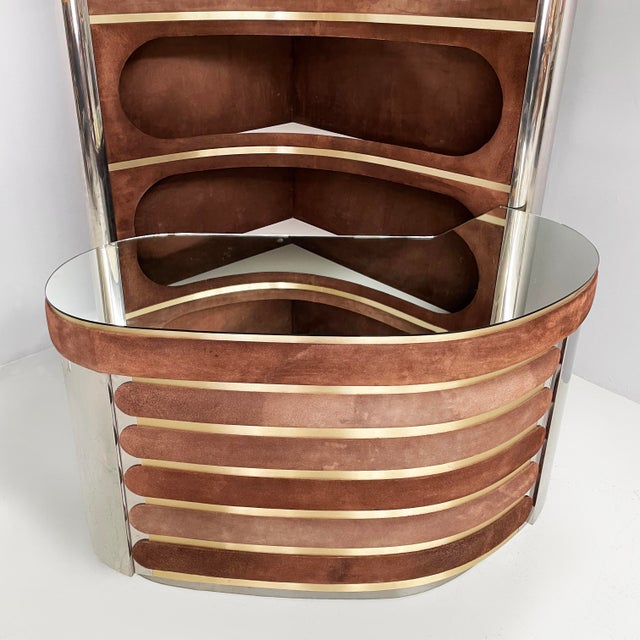 Italian Modern Bar Cabinet with Stools in Suede and Metal, 1970s, Set of 3 For Sale - Image 4 of 18