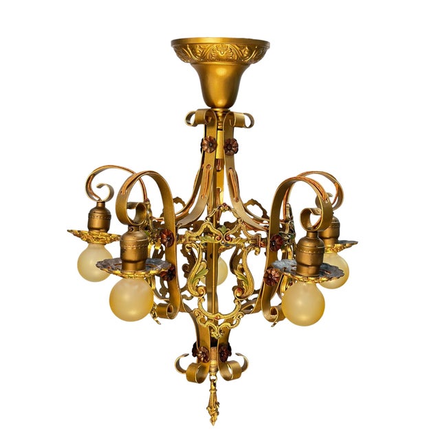 1920s Chain Drop Aztec Gold 1920s Chandelier With Original Finish #2607 For Sale - Image 5 of 12
