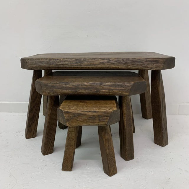 Brutalist Oak Wood Nesting Tables, 1970s, Set of 3 For Sale - Image 4 of 14