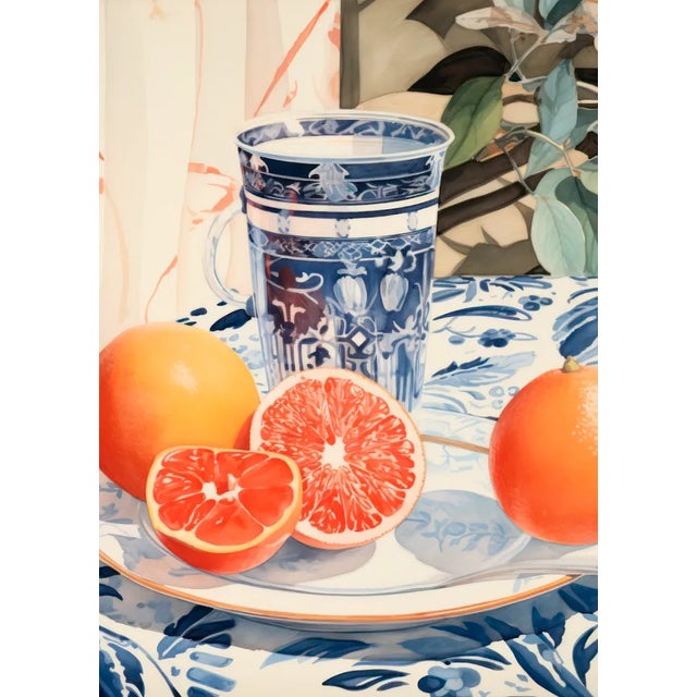Classic Blue and White Porcelain With Orange Still Life Art Print, Giclee 9"x12" For Sale