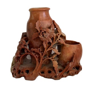 Vintage 1920 Amber Soapstone Chinese Hand-Carved Double Vase For Sale