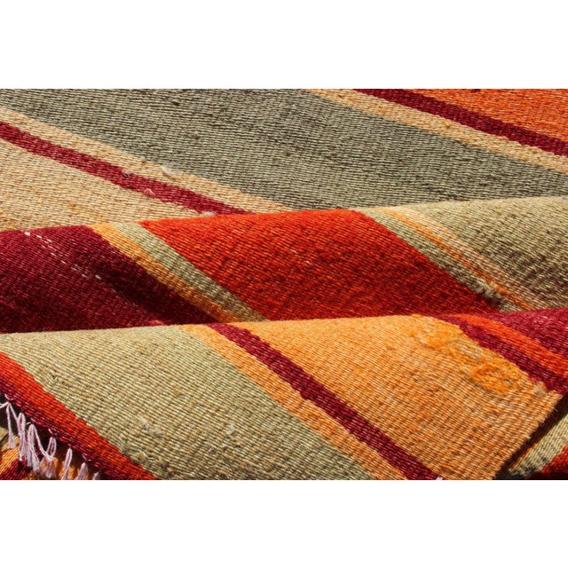Vintage Hand Woven Turkish Kilim Runner With Stripes in Red, Green, Yellow, and Orange For Sale - Image 9 of 11