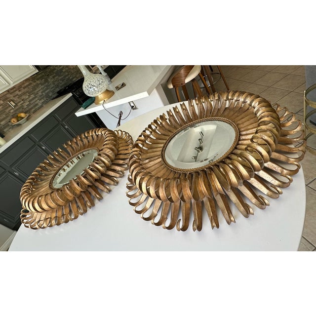 Metal Pair Gilt Metal Eyelash Sunburst Convex Wall Mirrors For Sale - Image 7 of 18