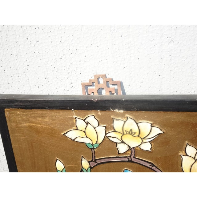 Vintage 1940s Oriental Asian Coromandel Chinoiserie Gold Four Panel Screen with Floral Bird For Sale In Los Angeles - Image 6 of 13