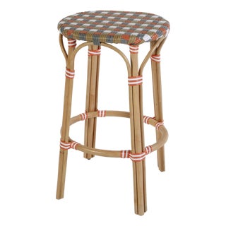 Ballito 30 in. Seat Height Oval Rattan Bar Stool with Footrest, French White, Orange & Brown For Sale