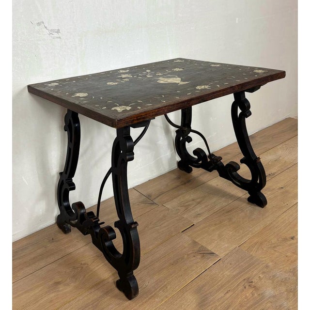 Wood Spanish Baroque Style Side Table with Floral Marquetry Top and Ebonized Base, 1930 For Sale - Image 7 of 15