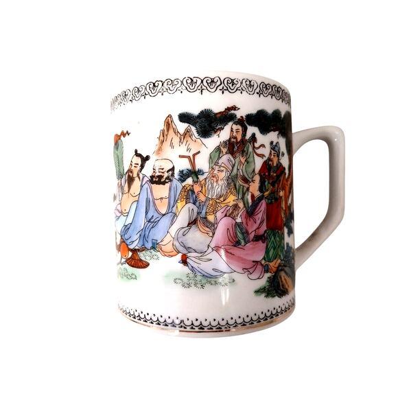 Chinese Vintage Chinese Geisha Coffee Tea Hand Painted Oriental Asian China Red Mark - Set of 4 For Sale - Image 3 of 12