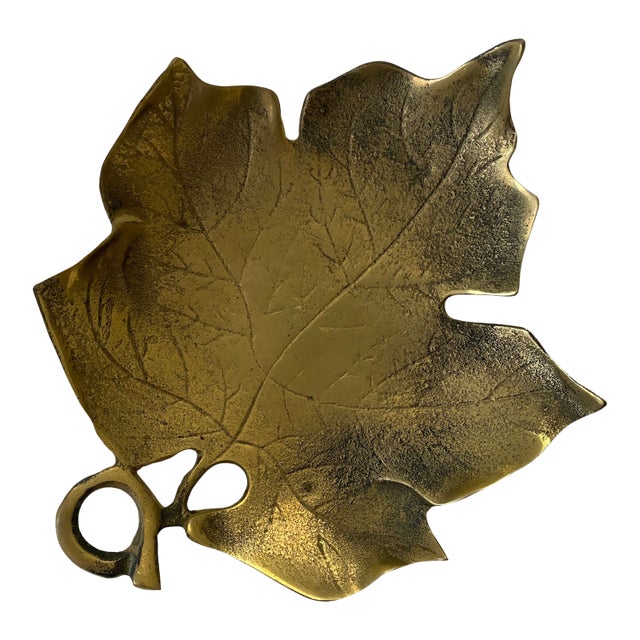 Vintage Solid Brass Maple Leaf Catchall Dish For Sale