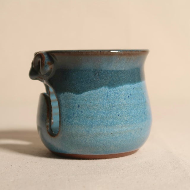 Cerulean Handmade in Pennsylvania MudWorks Pottery Blue Stoneware Candle Holder With Sad Face For Sale - Image 8 of 11