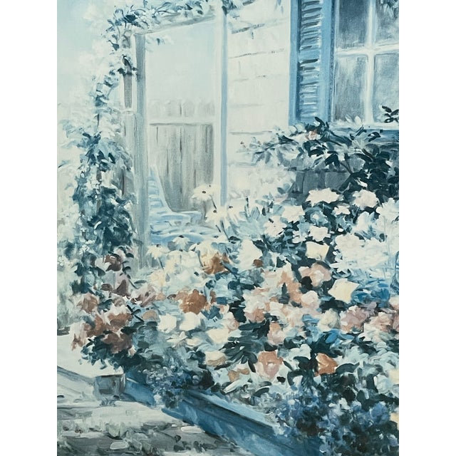 Vintage Coastal Cottage Garden Landscape Print With Ocean View, Framed For Sale - Image 9 of 10