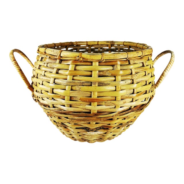 Extra Large Vintage Handwoven Reef Basket With Wrapped Handles, Coastal Rustic Decor For Sale