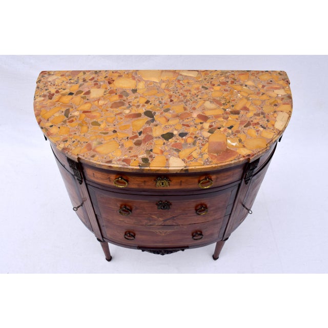 Superb 19th Century demilune desserte server commode with five drawers, two side cabinets and shelves. An unusual piece...