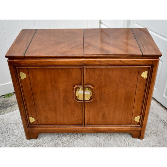 Thomasville Cherry Wood Server Vintage Asian Influenced Flip Top Brass For Sale - Image 9 of 13