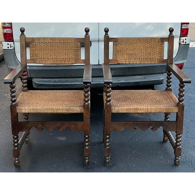 19th-C. French Louis XVIII Style Carved Walnut & Rush Bobbin Turned Arm Chairs - Pair For Sale - Image 4 of 9