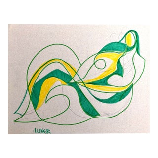 Original Ink Drawing on Cotton Paper by CL Auker, Reclining Figure in Green For Sale