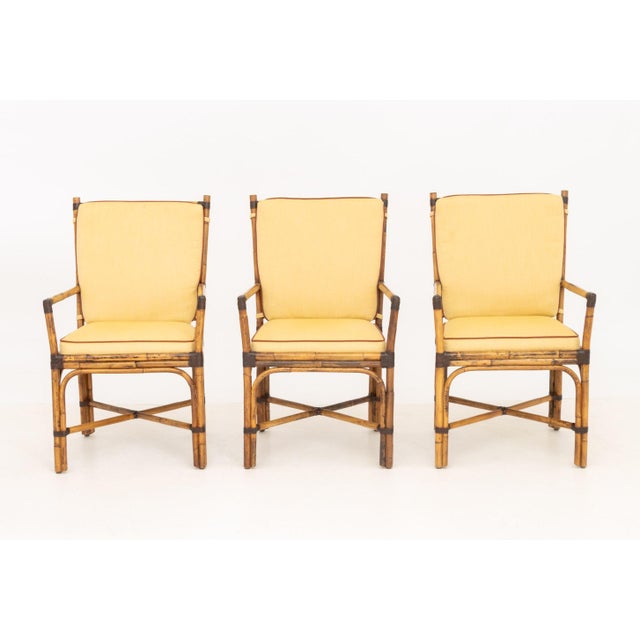 Set of Six Pierce Martin Modern Bamboo and Rattan Wrapped Arm Chairs, with beige upholstered seat cushions, "Pierce...