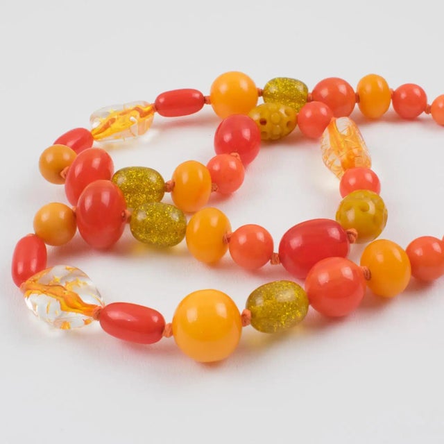 Bakelite and Lucite Long Necklace Sunny Yellow and Orange Colors For Sale - Image 12 of 15