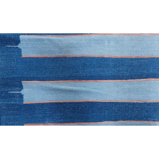 Doris Leslie Blau Dhurrie Mid-Century Blue With Navy Blue Flatweave Cotton Rug For Sale In New York - Image 6 of 8