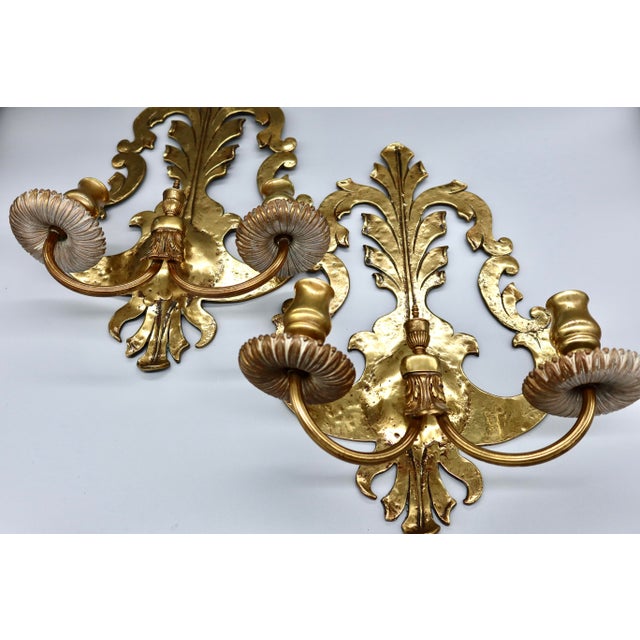 Rococo Pair of Solid Brass Two-Arm Rococo Revival Candle Wall Sconces With Acanthus Leaf Backplate, Early 20th Century For Sale - Image 3 of 15
