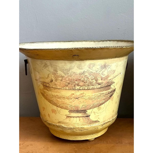 Vintage Distressed French Toile Metal Cache Pot - A Pair For Sale - Image 9 of 12