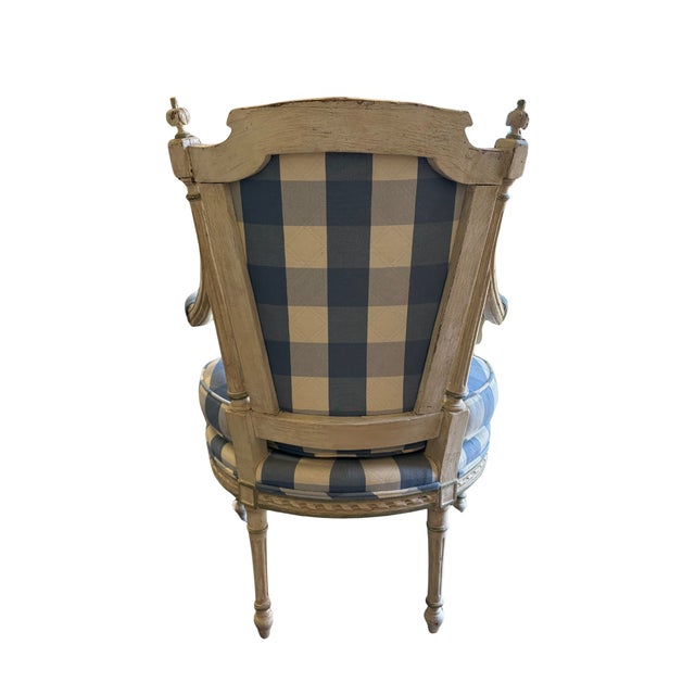 Mid 20th Century Mid 20th Century Carved Armchair With Blue Gingham Upholstery For Sale - Image 5 of 12
