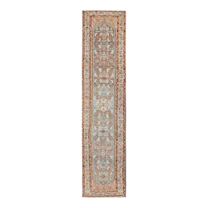 Antique Persian Malayer Runner With Soft Sky Blue Field and Geometric Medallions